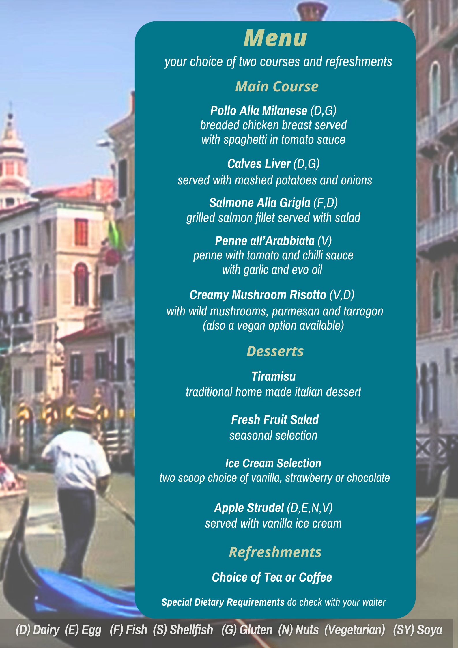 SB alliance Business Networking Lunch Menu Thursday 15 January at Villa Bianca Restaurant Bushey